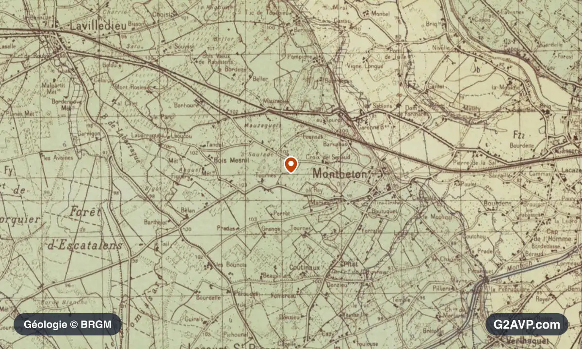 Carte géologique BRGM au 1/50 000 du secteur de Montbeton : argiles en formations dominantes, repère au centre de la commune