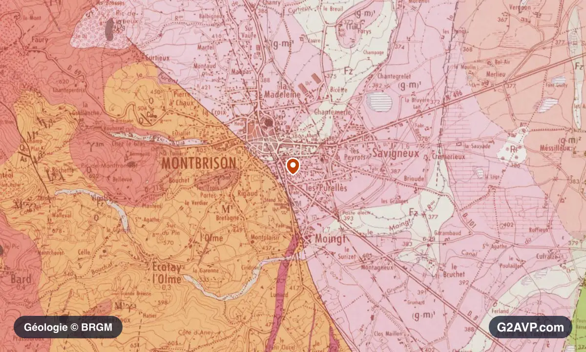 Carte géologique BRGM au 1/50 000 du secteur de Montbrison : gneiss en formations dominantes, repère au centre de la commune