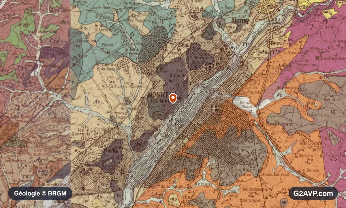 Carte géologique BRGM au 1/50 000 du secteur de Montceau-les-Mines : gneiss en formations dominantes, repère au centre de la commune