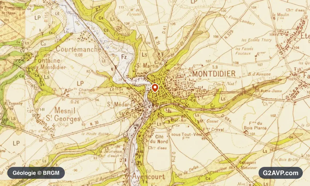 Carte géologique BRGM au 1/50 000 du secteur de Montdidier : craie en formations dominantes, repère au centre de la commune