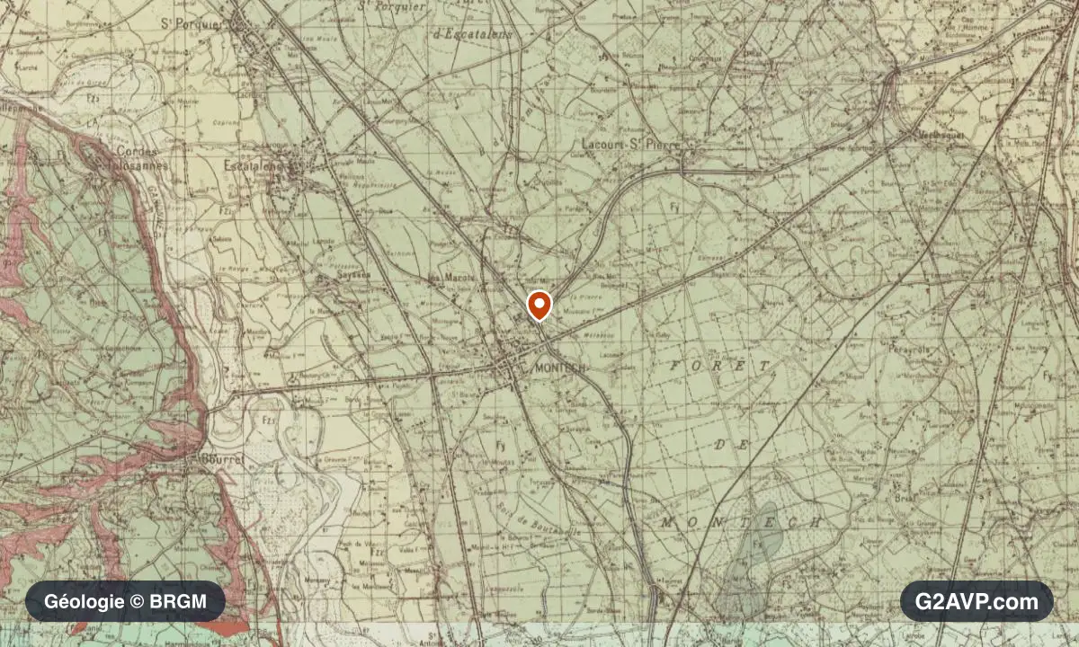 Carte géologique BRGM au 1/50 000 du secteur de Montech : argiles en formations dominantes, repère au centre de la commune