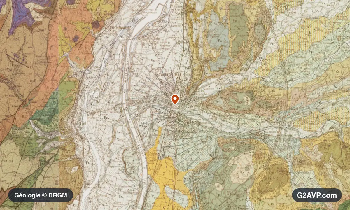 Carte géologique BRGM au 1/50 000 du secteur de Montélimar : sables en formations dominantes, repère au centre de la commune
