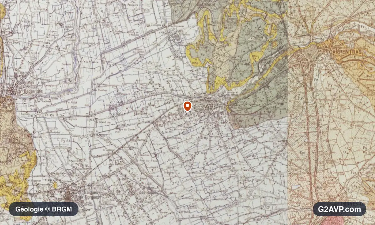 Carte géologique BRGM au 1/50 000 du secteur de Monteux : sables en formations dominantes, repère au centre de la commune