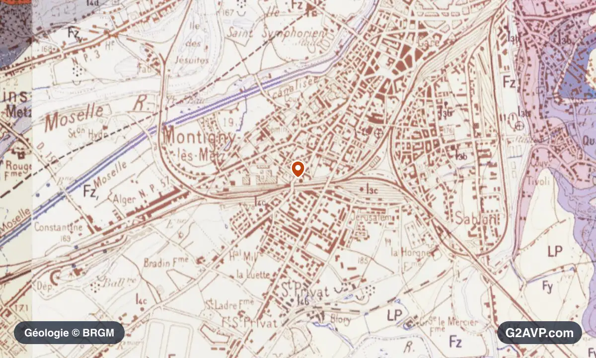 Carte géologique BRGM au 1/50 000 du secteur de Montigny-lès-Metz : calcaires, marnes et gypse en formations dominantes, repère au centre de la commune