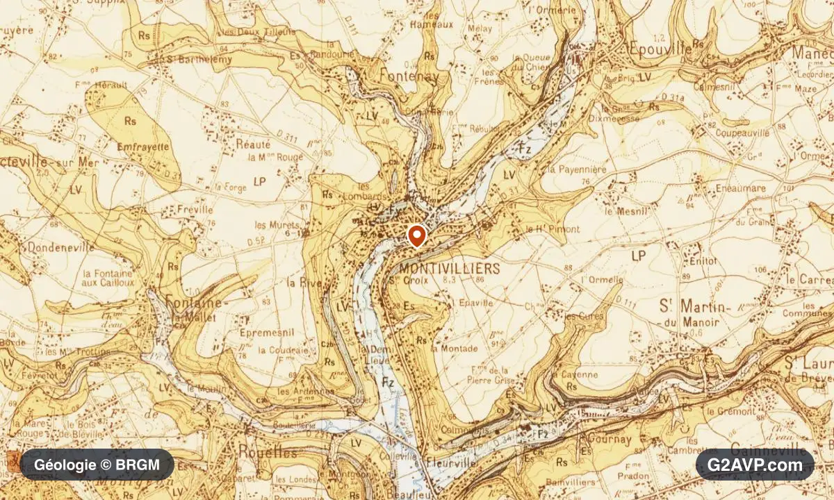 Carte géologique BRGM au 1/50 000 du secteur de Montivilliers : craie en formations dominantes, repère au centre de la commune