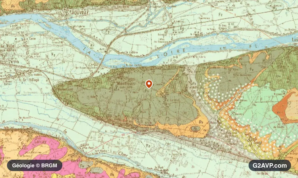 Carte géologique BRGM au 1/50 000 du secteur de Montlouis-sur-Loire : craie en formations dominantes, repère au centre de la commune