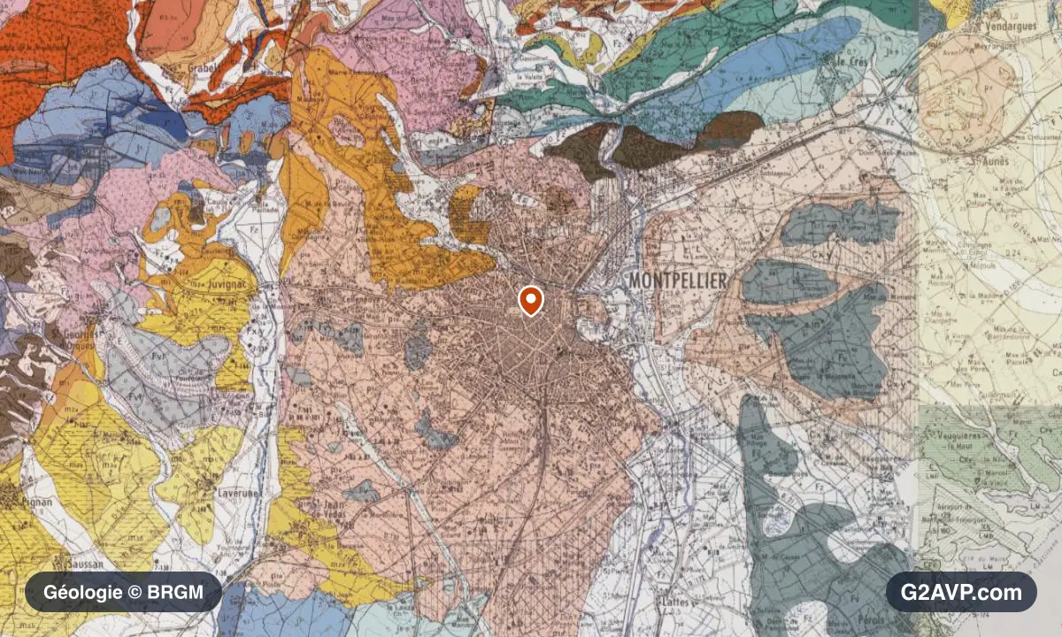 Carte géologique BRGM au 1/50 000 du secteur de Montpellier : sables en formations dominantes, repère au centre de la commune