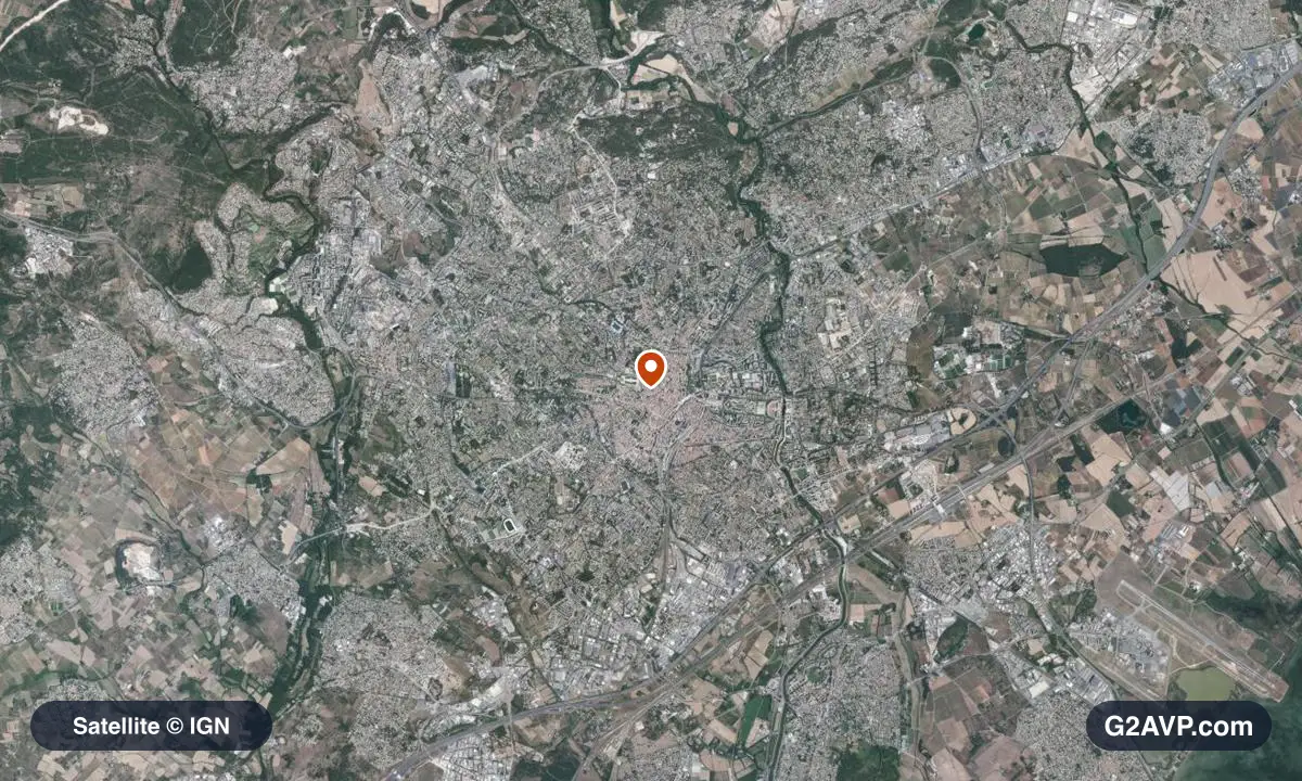 Vue satellite (orthophoto IGN) du secteur de Montpellier, même emprise que la carte géologique