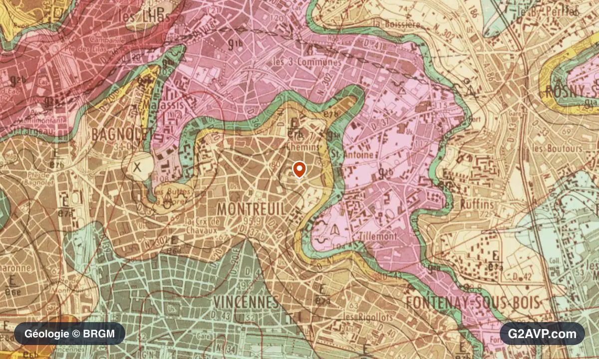 Carte géologique BRGM au 1/50 000 du secteur de Montreuil : argiles en formations dominantes, repère au centre de la commune