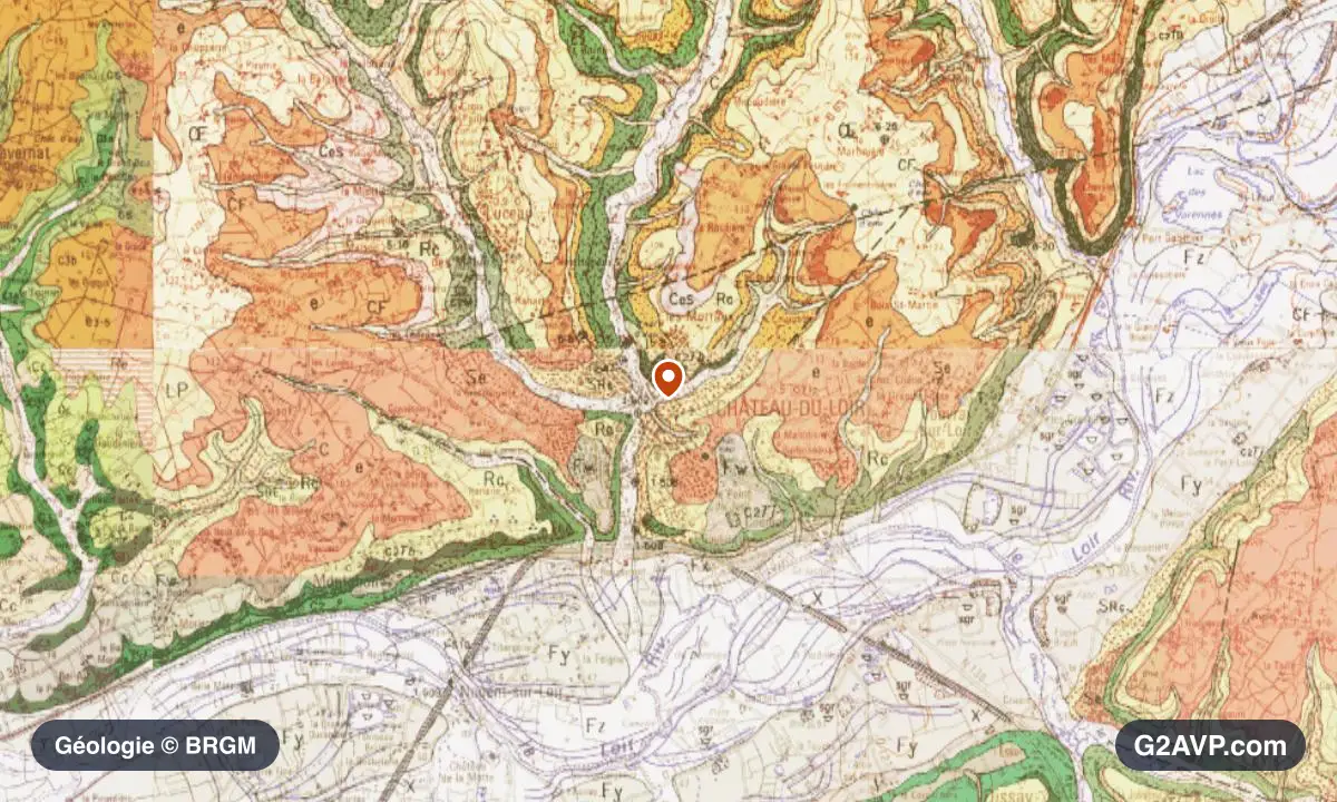 Carte géologique BRGM au 1/50 000 du secteur de Montval-sur-Loir : craie en formations dominantes, repère au centre de la commune
