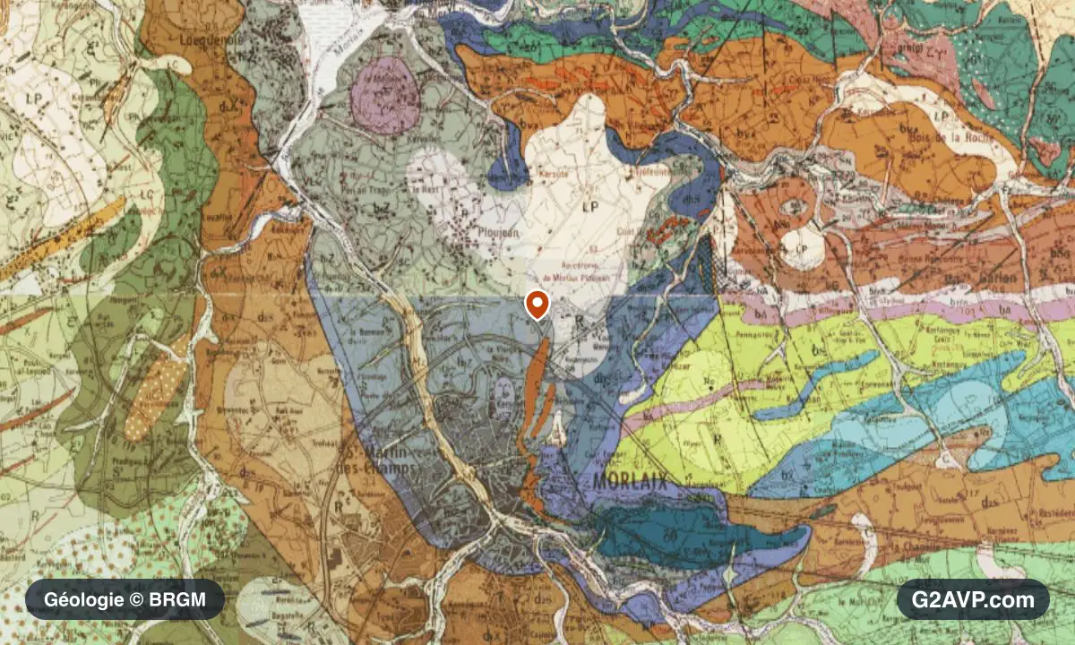 Carte géologique BRGM au 1/50 000 du secteur de Morlaix : schistes et grès en formations dominantes, repère au centre de la commune