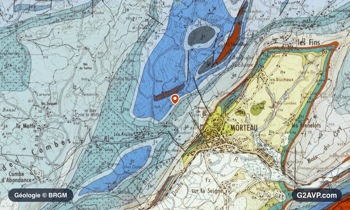 Carte géologique BRGM au 1/50 000 du secteur de Morteau : calcaires, marnes et gypse en formations dominantes, repère au centre de la commune