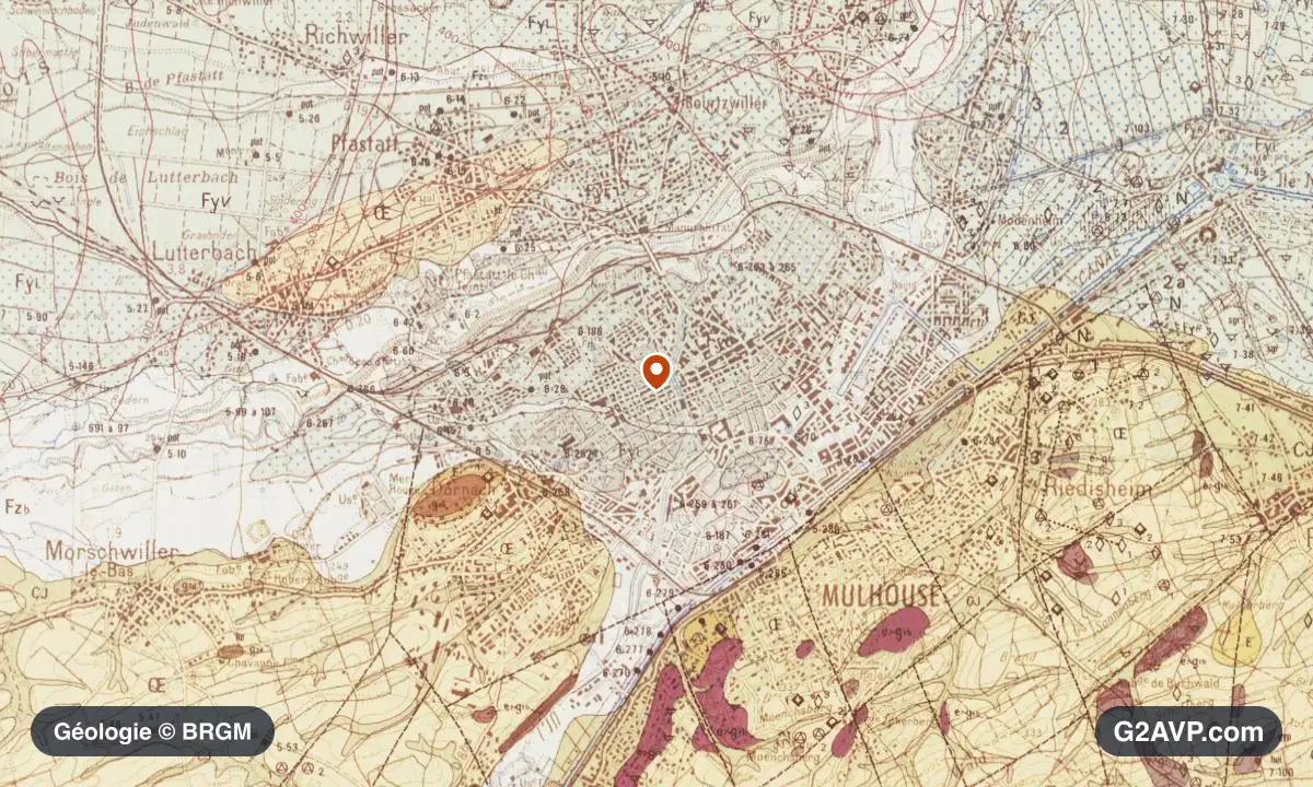 Carte géologique BRGM au 1/50 000 du secteur de Mulhouse : sables en formations dominantes, repère au centre de la commune