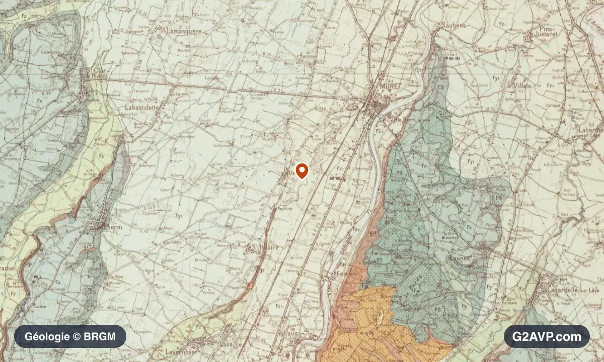 Carte géologique BRGM au 1/50 000 du secteur de Muret : argiles en formations dominantes, repère au centre de la commune