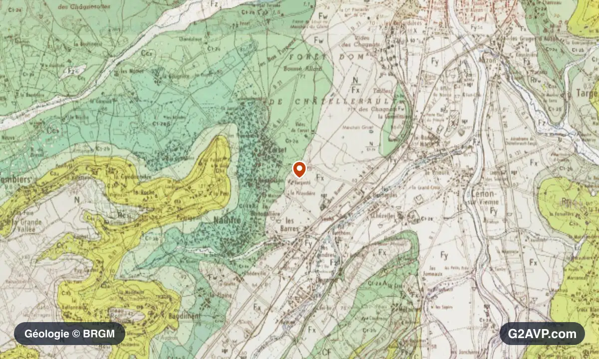 Carte géologique BRGM au 1/50 000 du secteur de Naintré : craie en formations dominantes, repère au centre de la commune