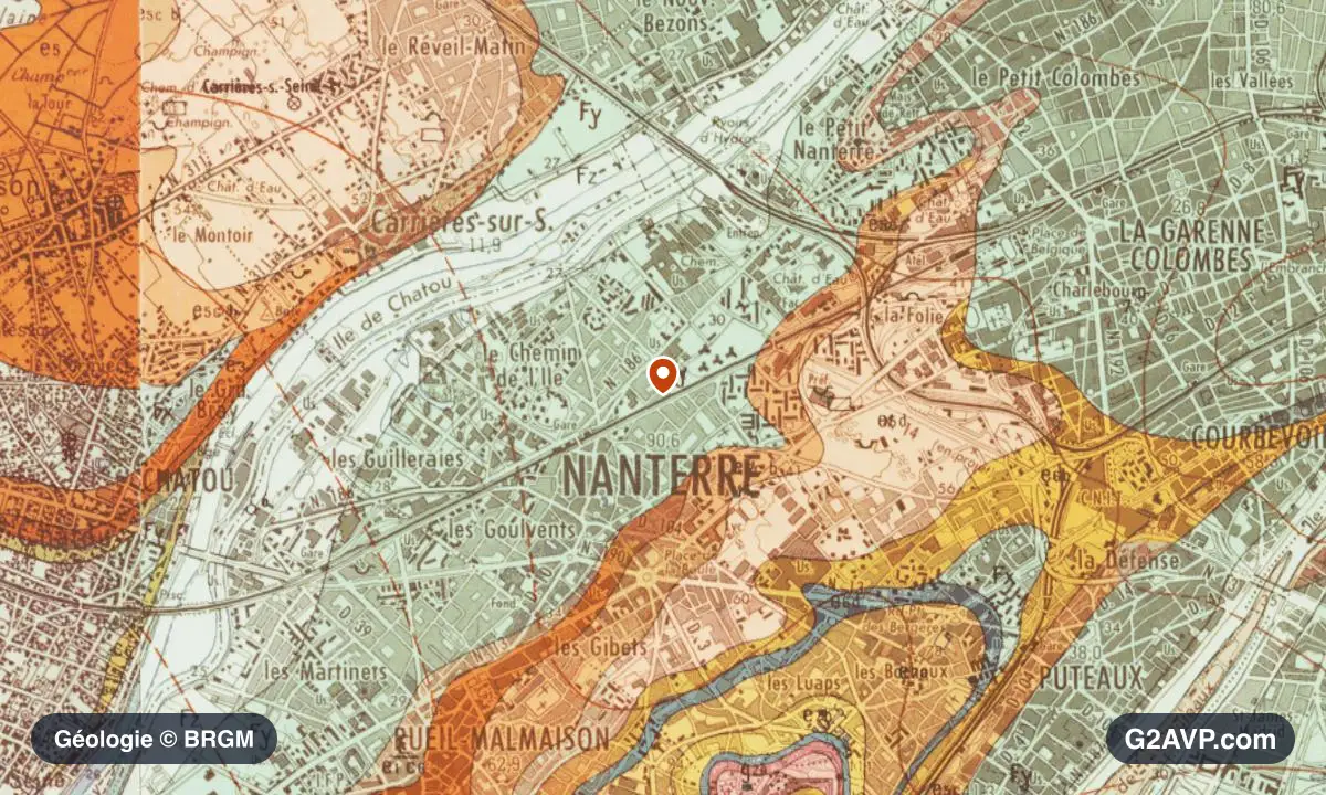 Carte géologique BRGM au 1/50 000 du secteur de Nanterre : calcaires, marnes et gypse en formations dominantes, repère au centre de la commune