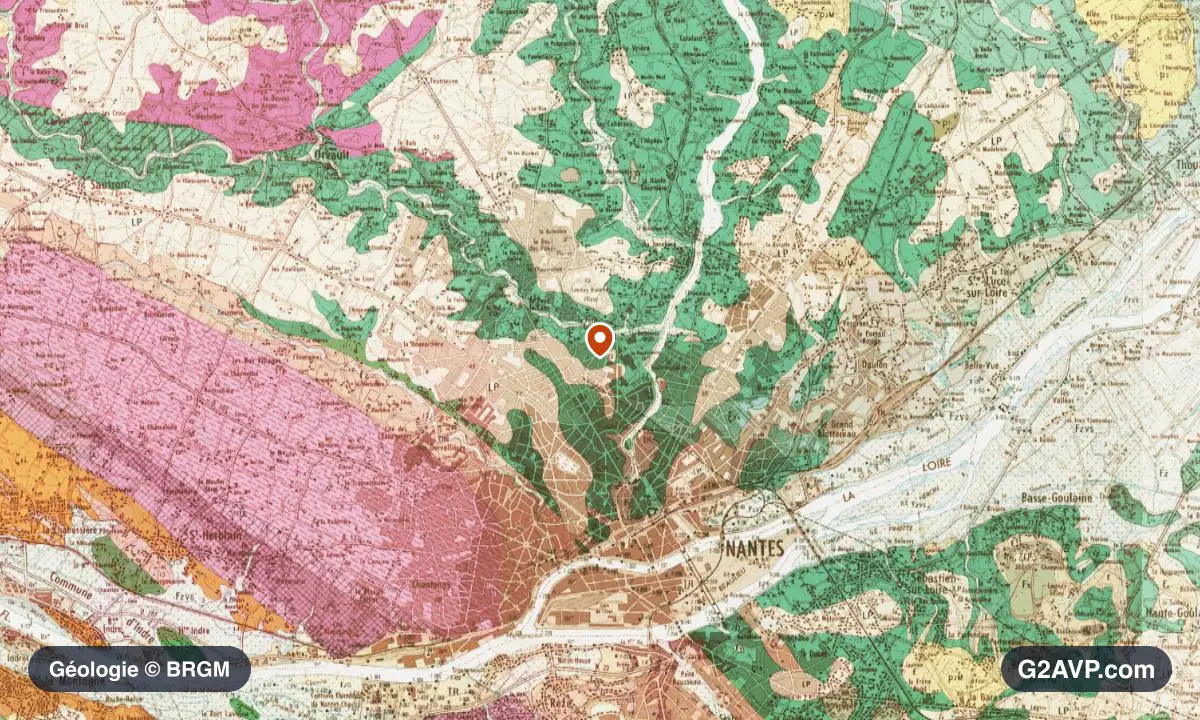 Carte géologique BRGM au 1/50 000 du secteur de Nantes : gneiss en formations dominantes, repère au centre de la commune
