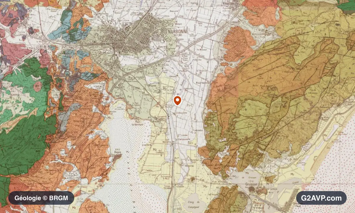 Carte géologique BRGM au 1/50 000 du secteur de Narbonne : argiles en formations dominantes, repère au centre de la commune