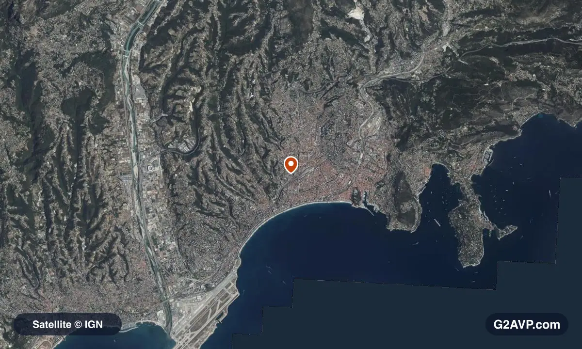 Vue satellite (orthophoto IGN) du secteur de Nice, même emprise que la carte géologique