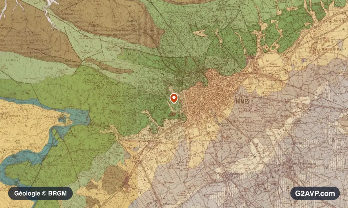 Carte géologique BRGM au 1/50 000 du secteur de Nîmes : calcaires, marnes et gypse en formations dominantes, repère au centre de la commune