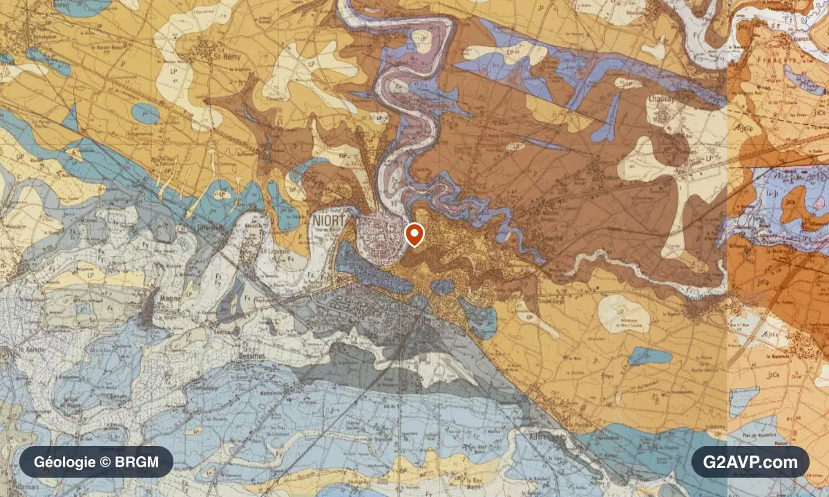 Carte géologique BRGM au 1/50 000 du secteur de Niort : sables en formations dominantes, repère au centre de la commune