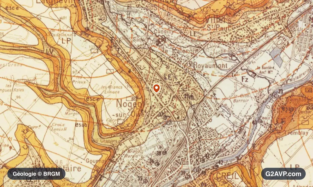 Carte géologique BRGM au 1/50 000 du secteur de Nogent-sur-Oise : sables en formations dominantes, repère au centre de la commune