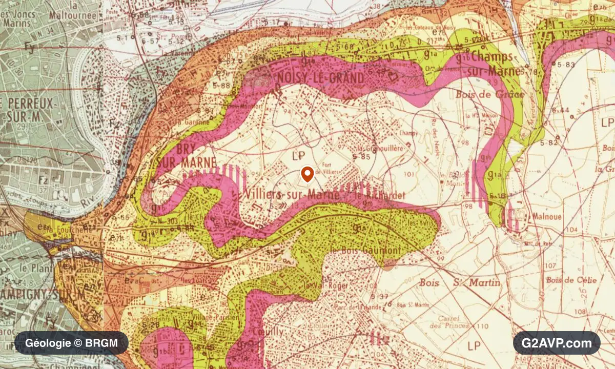 Carte géologique BRGM au 1/50 000 du secteur de Noisy-le-Grand : calcaires, marnes et gypse en formations dominantes, repère au centre de la commune