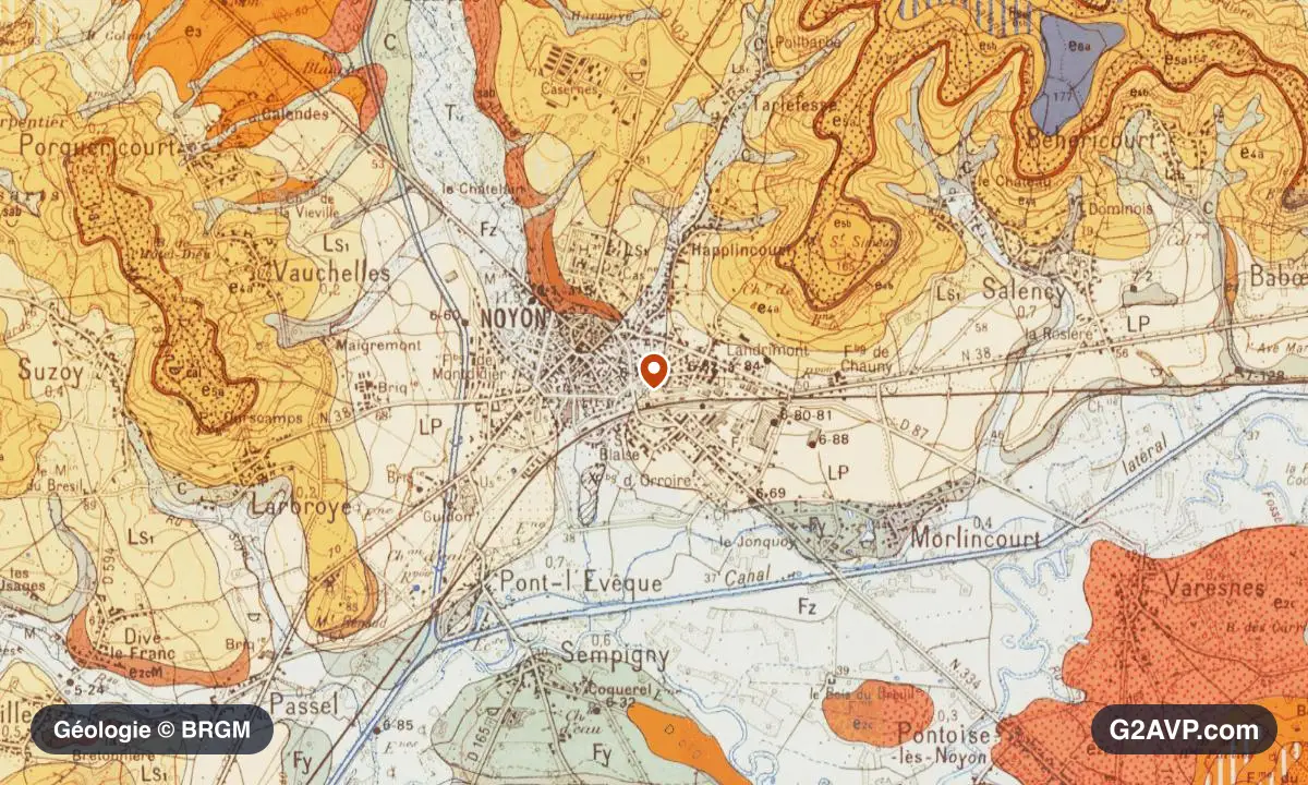 Carte géologique BRGM au 1/50 000 du secteur de Noyon : sables en formations dominantes, repère au centre de la commune