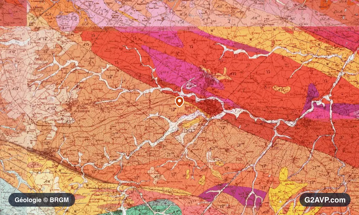 Carte géologique BRGM au 1/50 000 du secteur de Nueil-les-Aubiers : granites en formations dominantes, repère au centre de la commune
