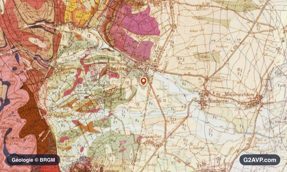 Carte géologique BRGM au 1/50 000 du secteur d'Obernai : argiles en formations dominantes, repère au centre de la commune
