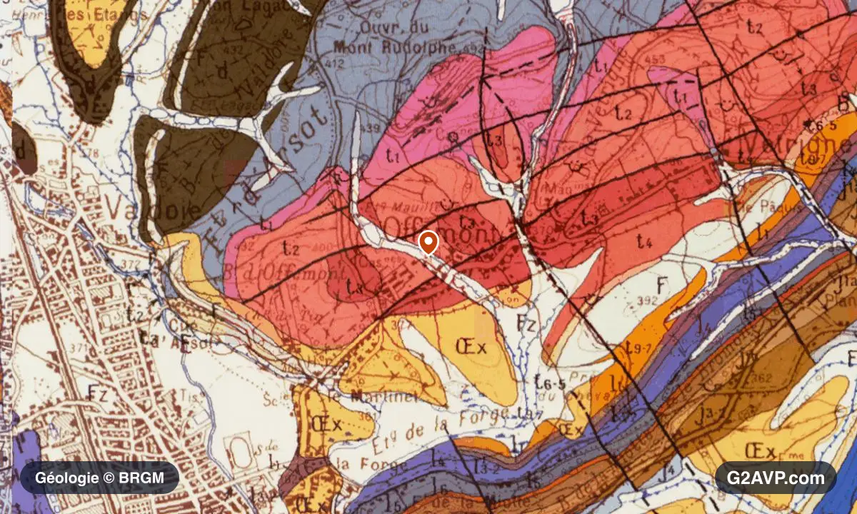 Carte géologique BRGM au 1/50 000 du secteur d'Offemont : grès en formations dominantes, repère au centre de la commune