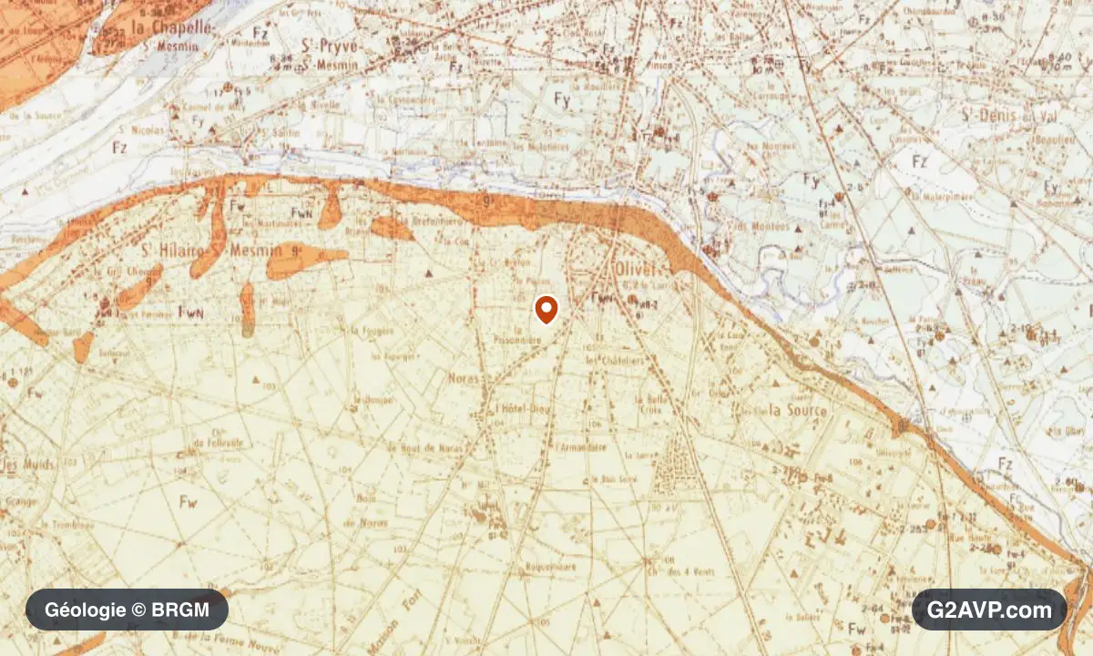 Carte géologique BRGM au 1/50 000 du secteur d'Olivet : argiles en formations dominantes, repère au centre de la commune