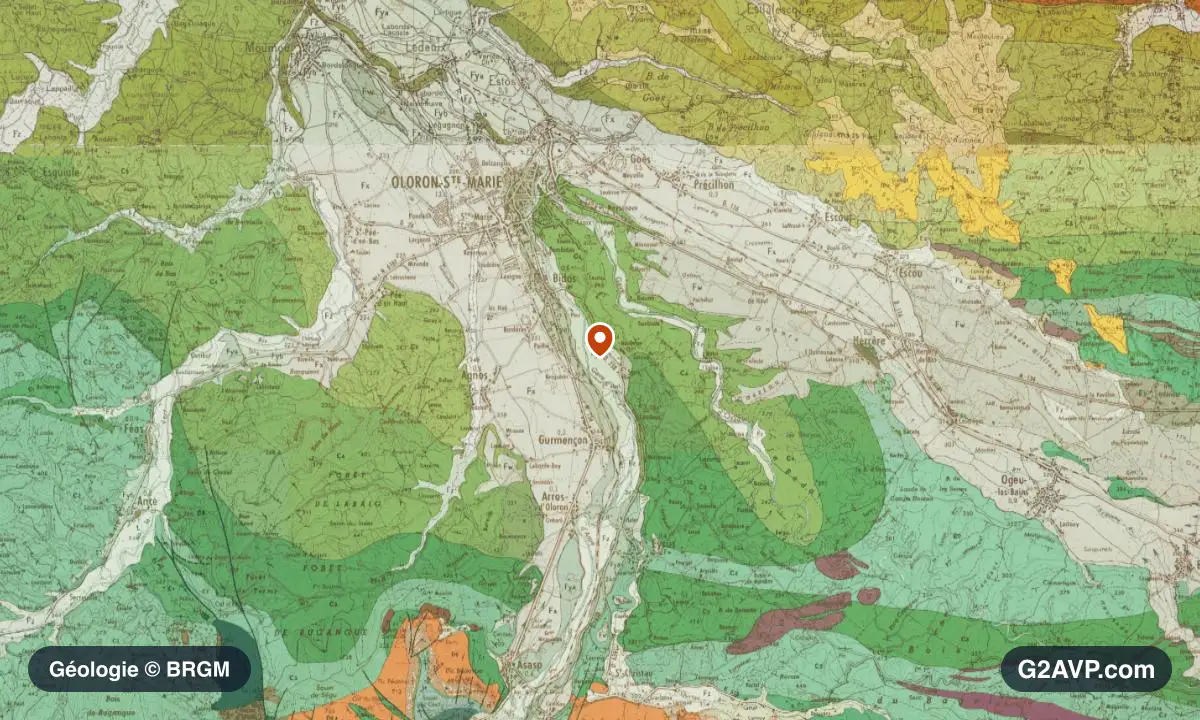 Carte géologique BRGM au 1/50 000 du secteur d'Oloron-Sainte-Marie : grès en formations dominantes, repère au centre de la commune