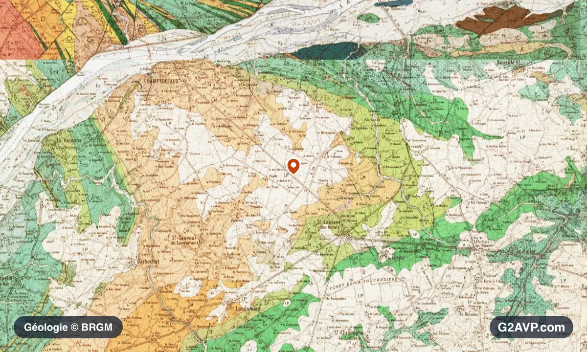 Carte géologique BRGM au 1/50 000 du secteur d'Orée d'Anjou : gneiss en formations dominantes, repère au centre de la commune
