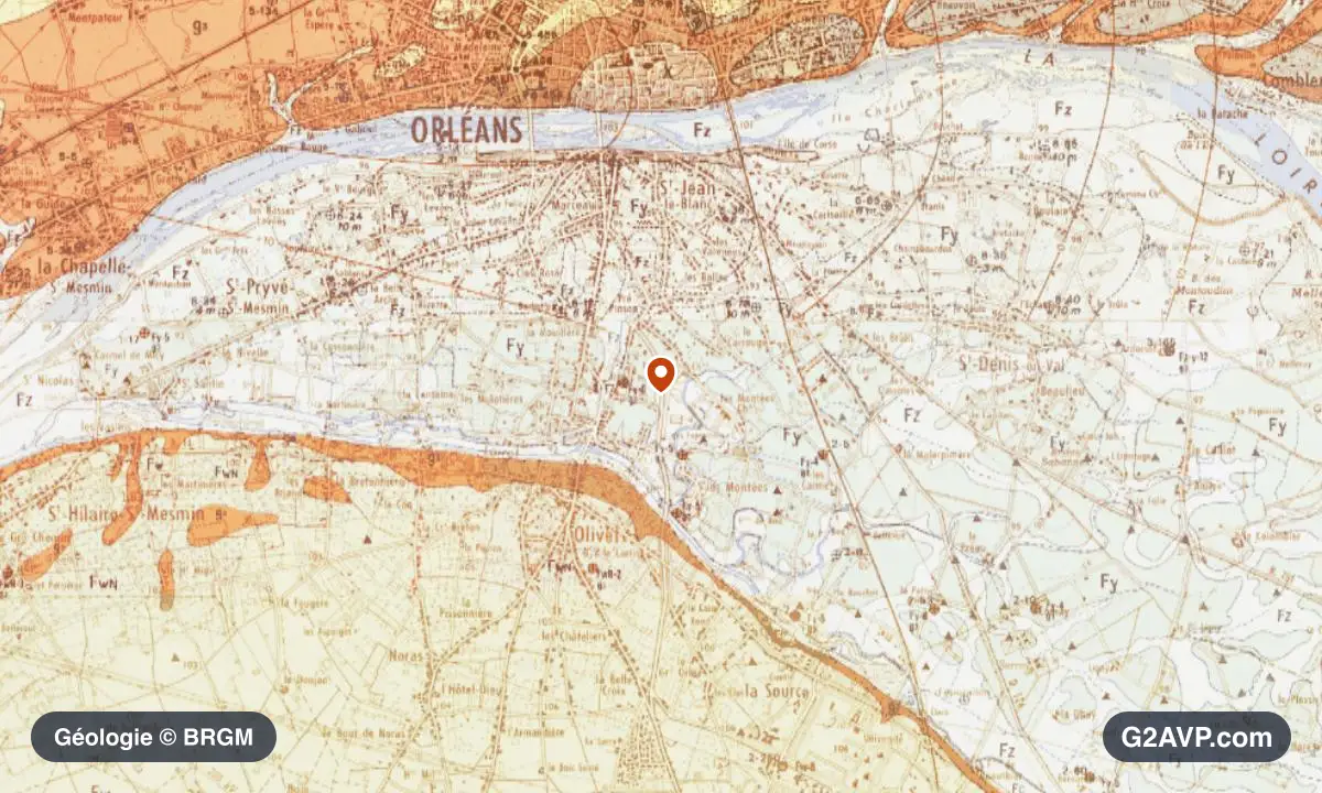 Carte géologique BRGM au 1/50 000 du secteur d'Orléans : argiles en formations dominantes, repère au centre de la commune