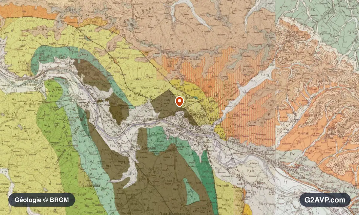 Carte géologique BRGM au 1/50 000 du secteur d'Orthez : calcaires, marnes et gypse en formations dominantes, repère au centre de la commune
