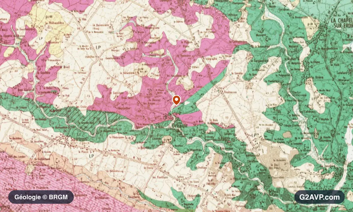 Carte géologique BRGM au 1/50 000 du secteur d'Orvault : gneiss en formations dominantes, repère au centre de la commune