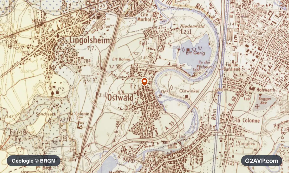 Carte géologique BRGM au 1/50 000 du secteur d'Ostwald : sables en formations dominantes, repère au centre de la commune