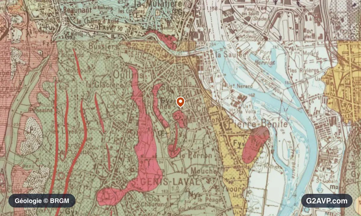 Carte géologique BRGM au 1/50 000 du secteur d'Oullins-Pierre-Bénite : argiles en formations dominantes, repère au centre de la commune