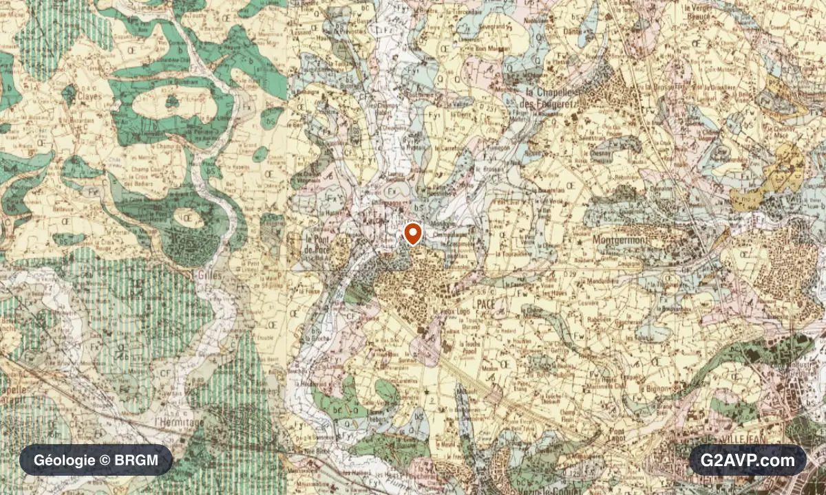 Carte géologique BRGM au 1/50 000 du secteur de Pacé : schistes et grès en formations dominantes, repère au centre de la commune