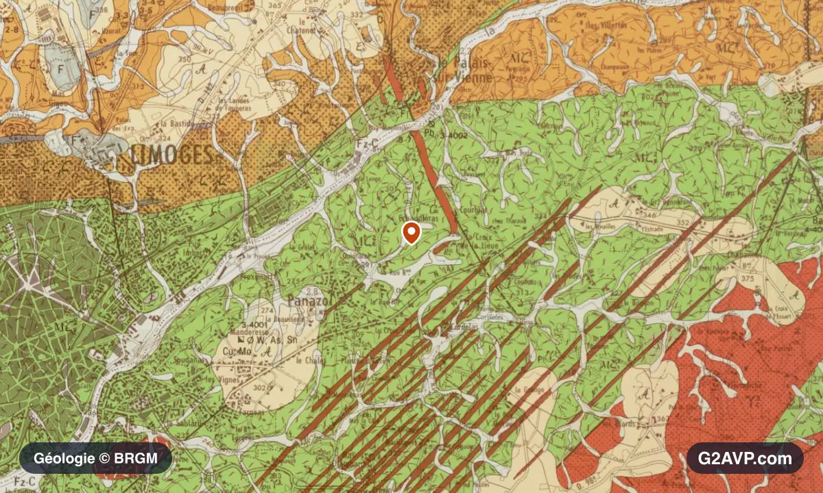Carte géologique BRGM au 1/50 000 du secteur de Panazol : gneiss en formations dominantes, repère au centre de la commune