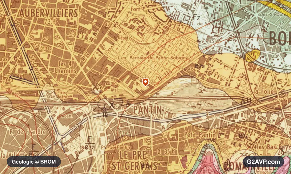 Carte géologique BRGM au 1/50 000 du secteur de Pantin : calcaires, marnes et gypse en formations dominantes, repère au centre de la commune