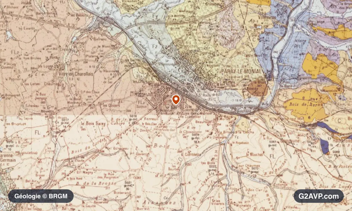 Carte géologique BRGM au 1/50 000 du secteur de Paray-le-Monial : sables en formations dominantes, repère au centre de la commune