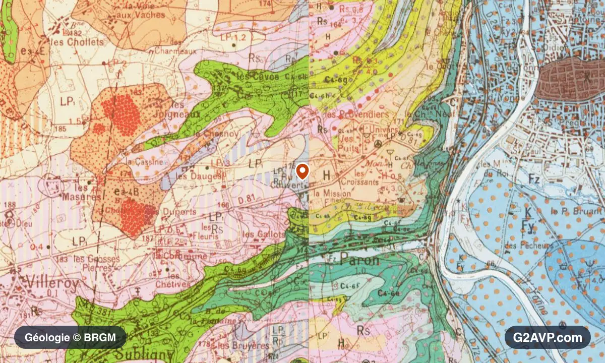 Carte géologique BRGM au 1/50 000 du secteur de Paron : craie en formations dominantes, repère au centre de la commune