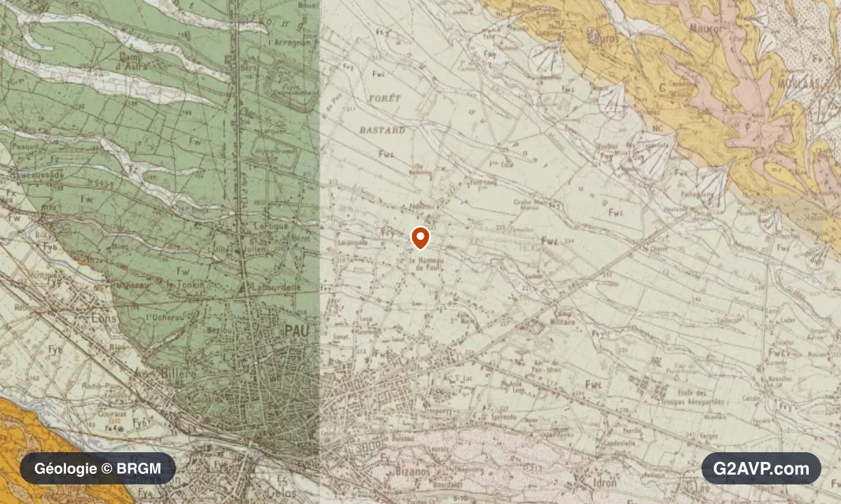 Carte géologique BRGM au 1/50 000 du secteur de Pau : argiles en formations dominantes, repère au centre de la commune