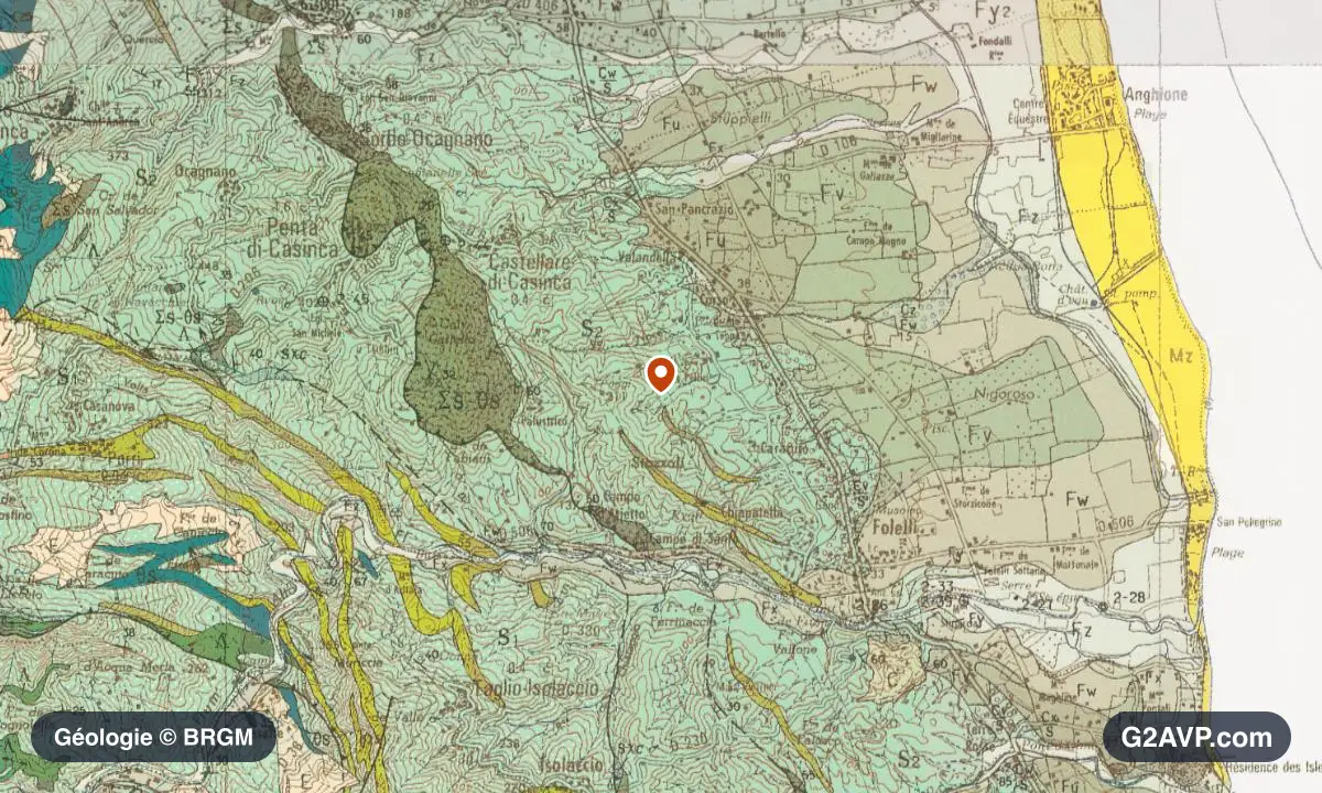 Carte géologique BRGM au 1/50 000 du secteur de Penta-di-Casinca : ophiolites en formations dominantes, repère au centre de la commune