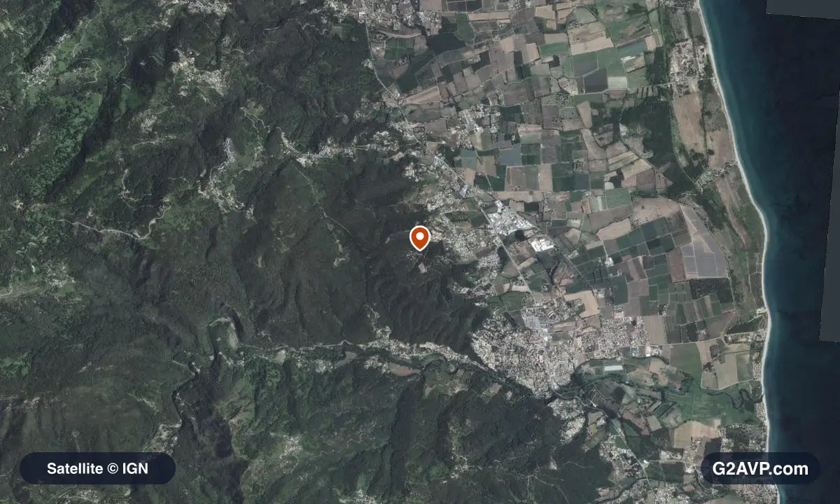 Vue satellite (orthophoto IGN) du secteur de Penta-di-Casinca, même emprise que la carte géologique