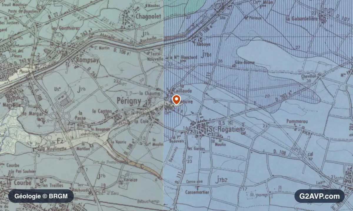 Carte géologique BRGM au 1/50 000 du secteur de Périgny : calcaires, marnes et gypse en formations dominantes, repère au centre de la commune