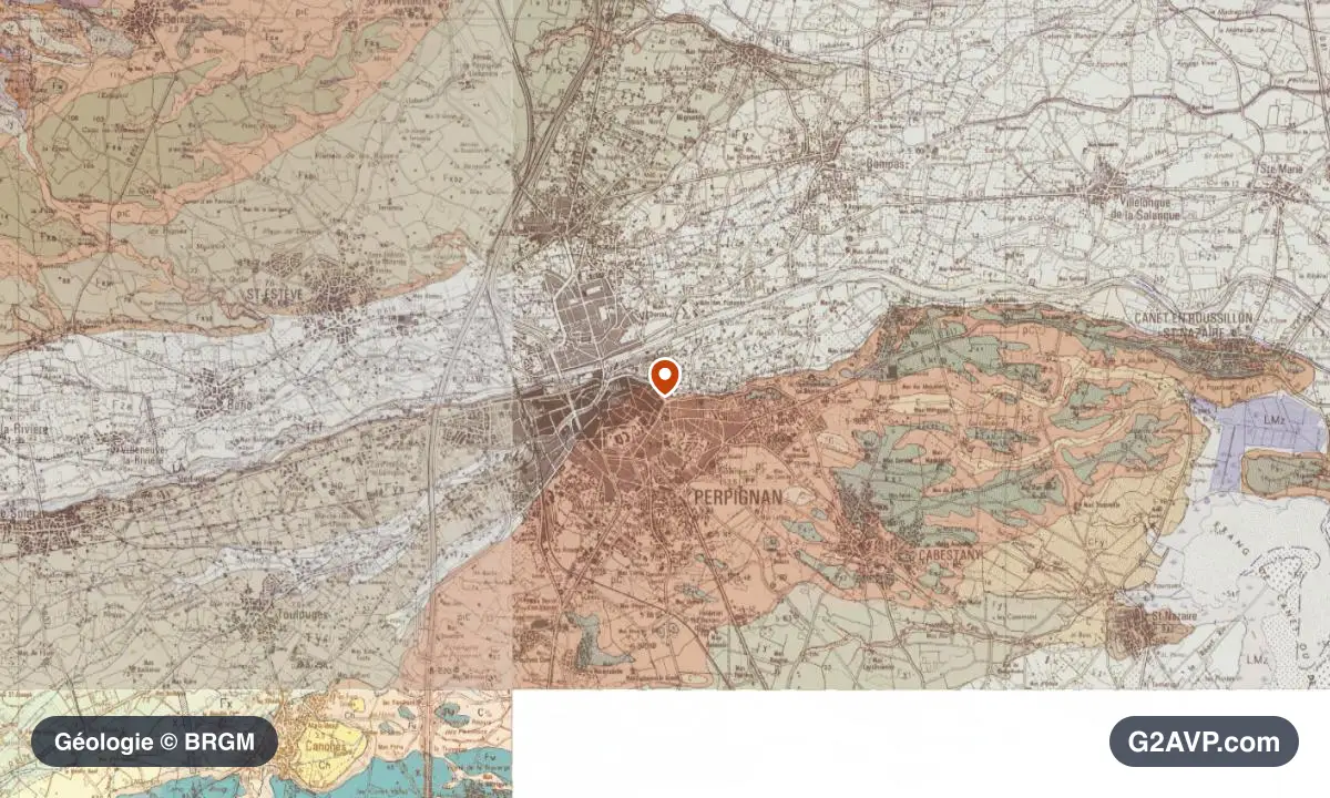 Carte géologique BRGM au 1/50 000 du secteur de Perpignan : argiles en formations dominantes, repère au centre de la commune