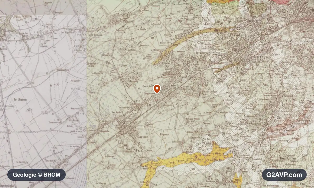 Carte géologique BRGM au 1/50 000 du secteur de Pessac : sables en formations dominantes, repère au centre de la commune